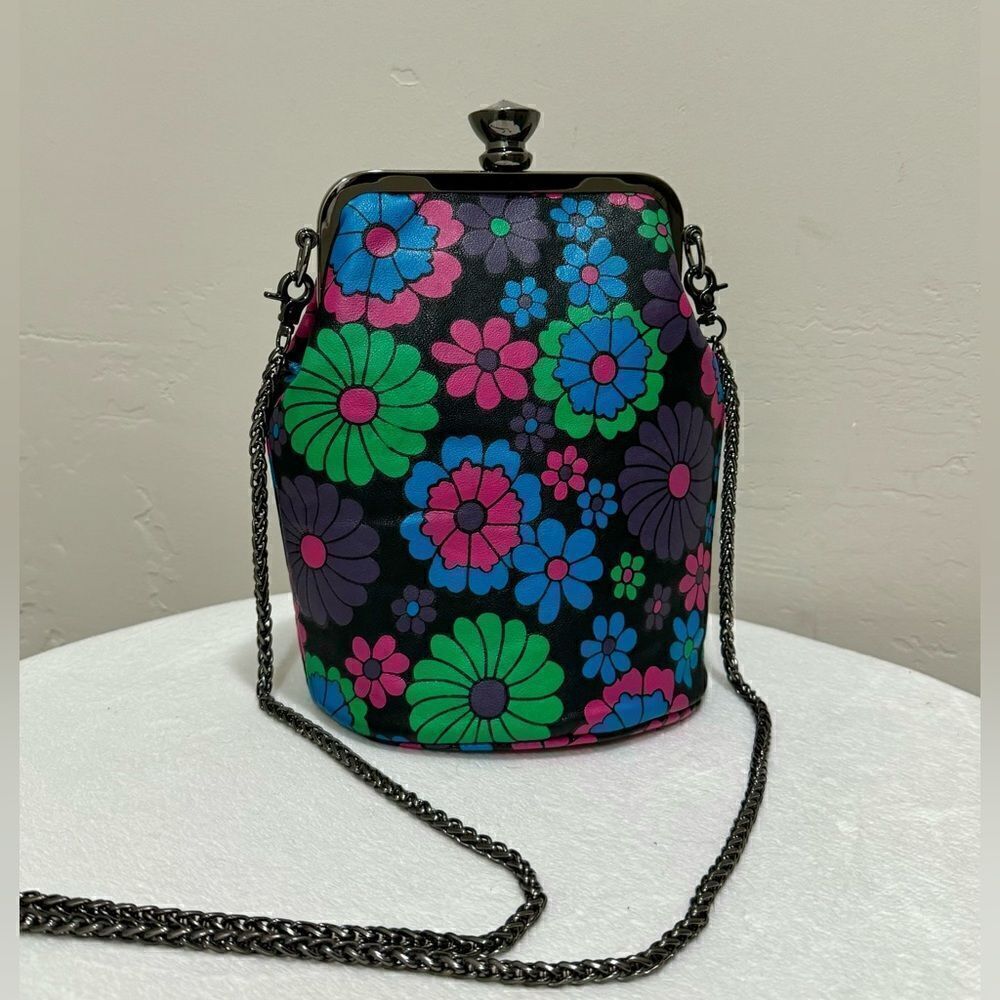 Colorful Floral Genuine Leather Diamond Shaped Push-lock Bucket Bag/Crossbody